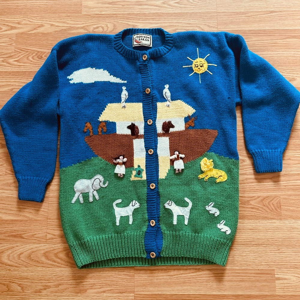 Vintage Noah's Ark Cardigan Sweater Bible Sunday Teacher w animals and rainbow